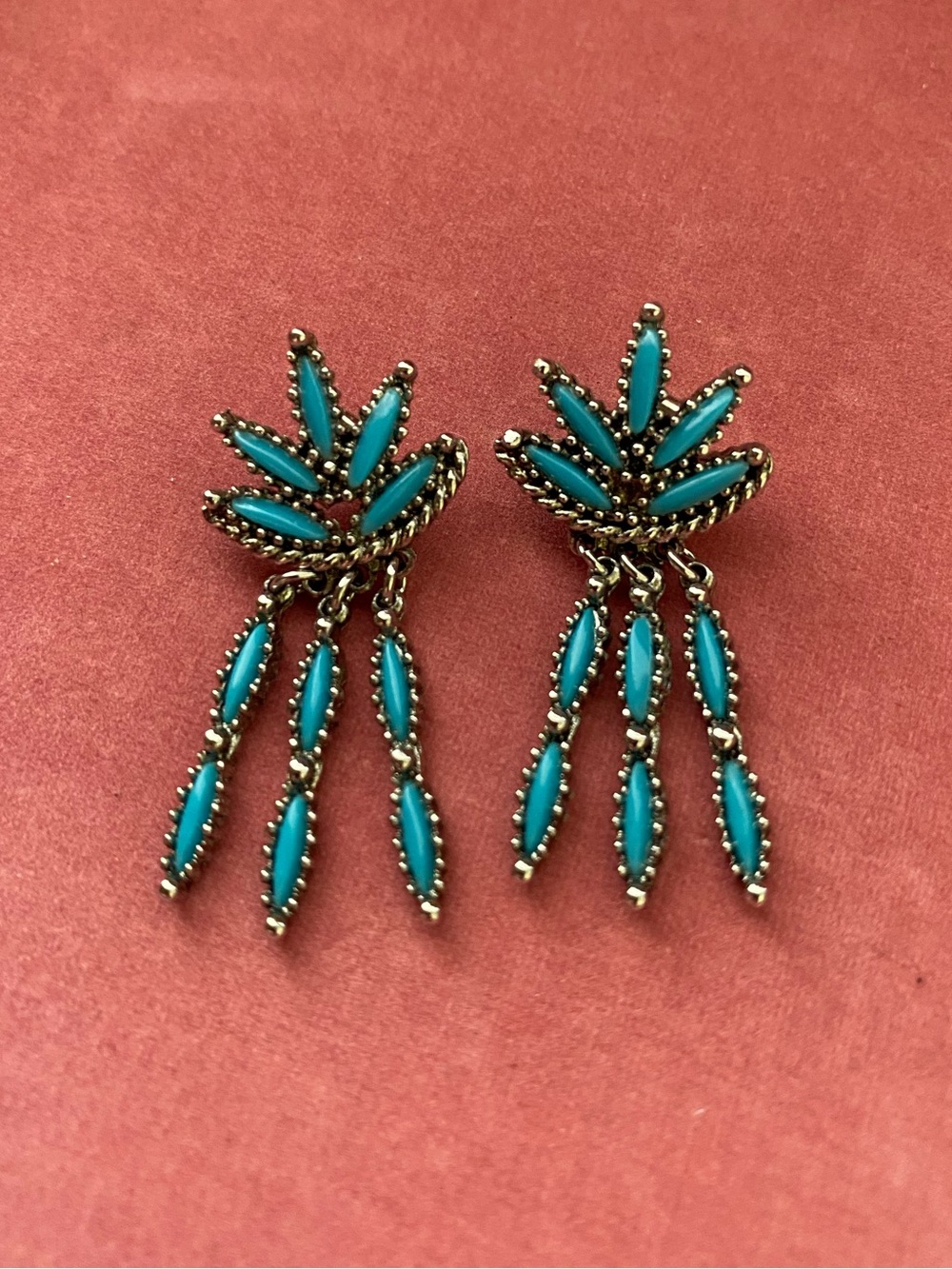 Vintage Turquoise Palm Leaf Teardrop Dangle Earrings Zuni Style Post Backs